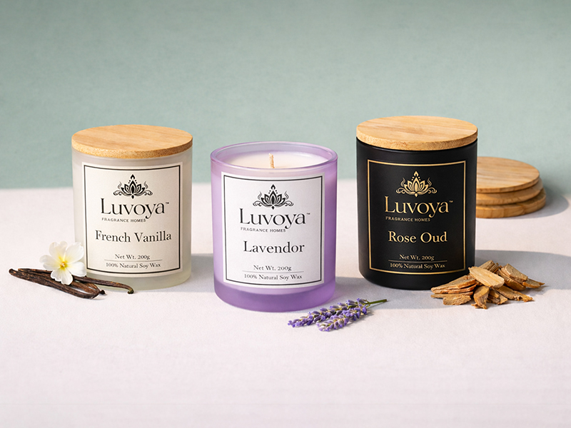 Luvoya soy wax candles – French Vanilla, Lavender, and Rose Oud in luxury glass jars with wooden lids.