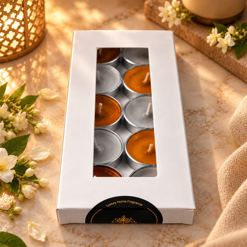 Luvoya unscented tea light candles pack of 10 in a white box.