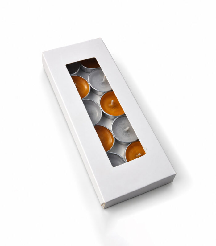 Luvoya unscented tea light candles pack of 10 in a white box.
